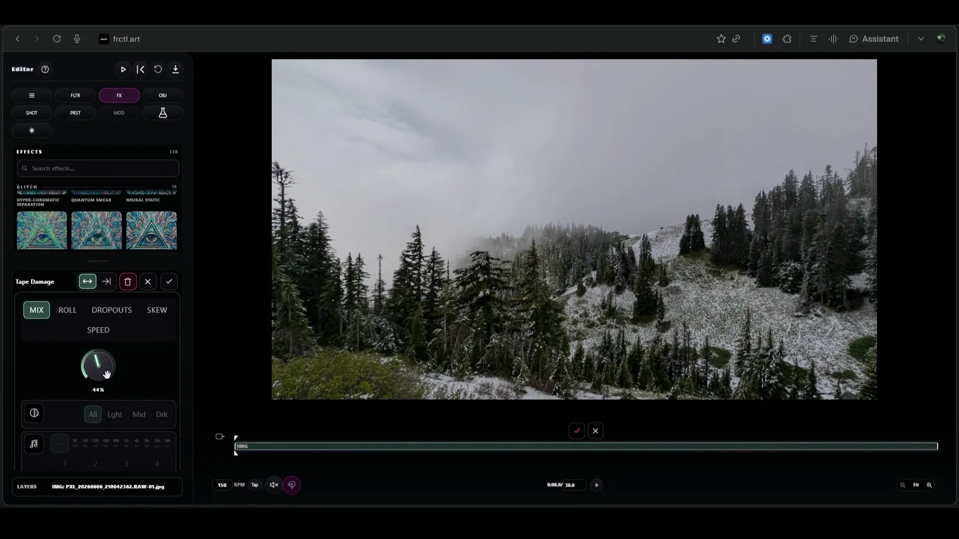 The FRCTL editor: effect browser, parameter controls and a live preview