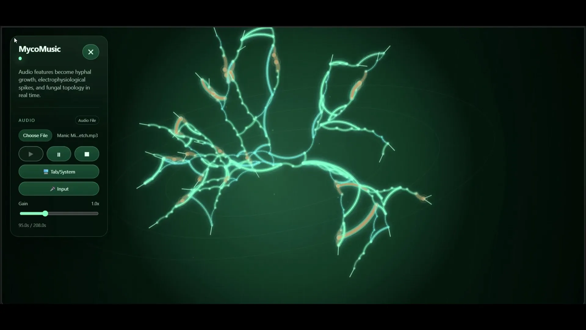 The MycoMusic visualizer reacting to audio